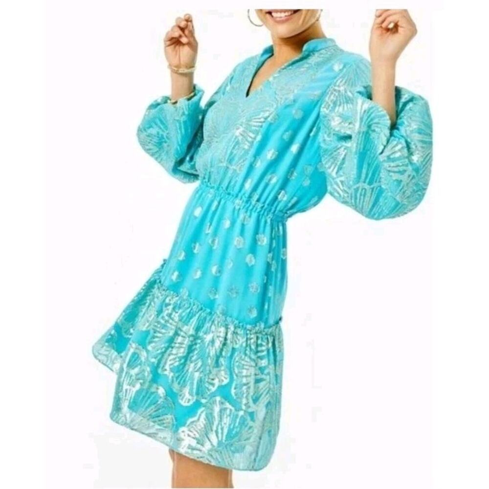Lilly Pulitzer Joella Metallic Aqua Shell Dress Size 2 NWOT